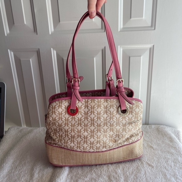 Fossil signature print pink leather trim shoulder bag - Picture 1 of 16